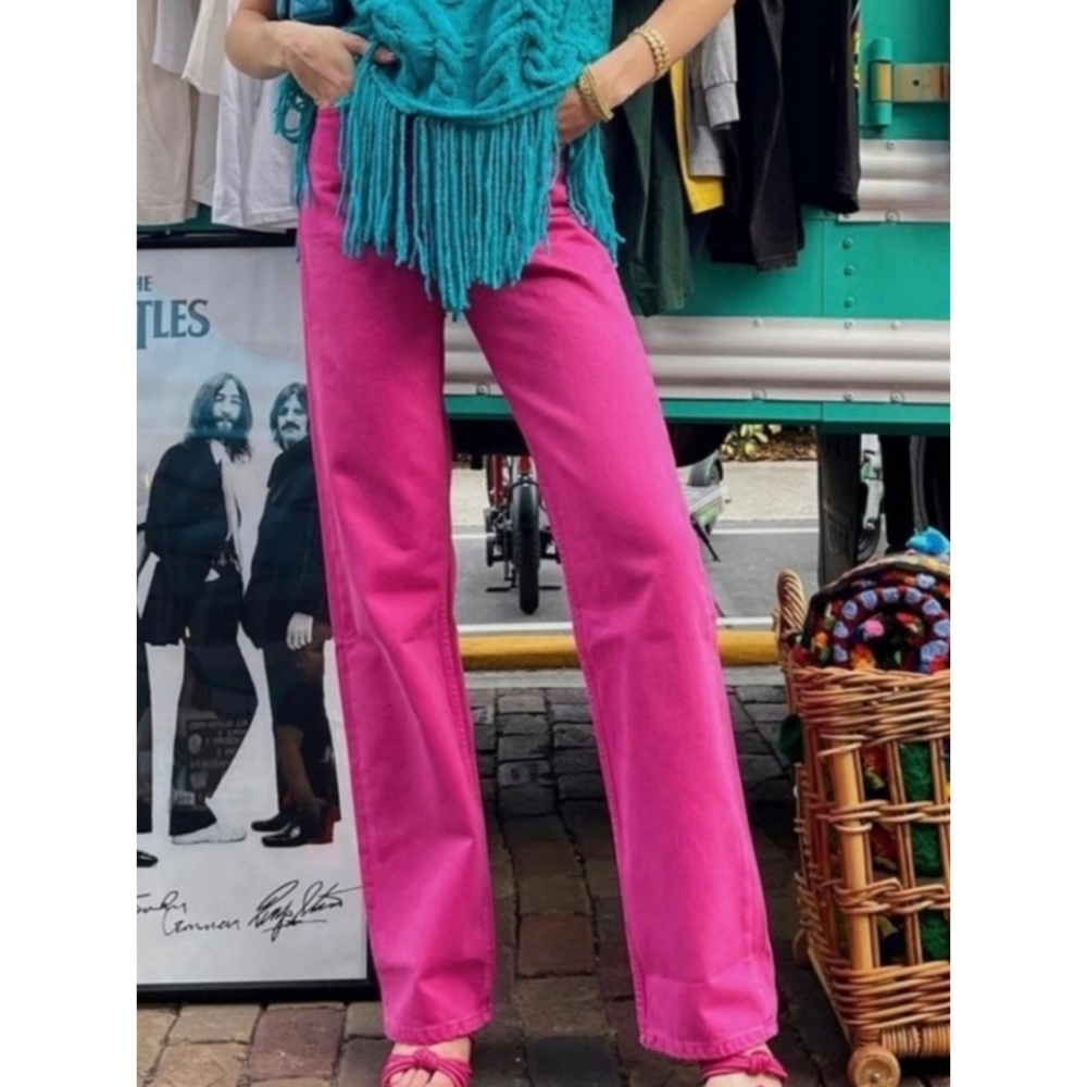 Zara High Waisted Button Fly Jeans In Fuschia Pink Size 4